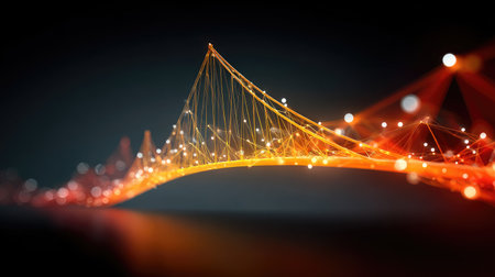 Digital bridge formed by connecting elements across a gap, representing teamwork leading to successの素材