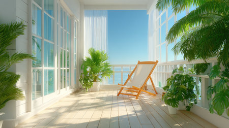 Minimalist White Patio with Lounge Chair - A serene outdoor space with a white lounge chair, a side table, and potted greenery. Sunlight filters through sheer curtains.の素材