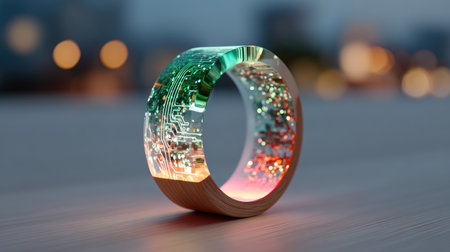 Neon Circuit Board Ring - A glowing ring with animated segments mimicking circuit patterns, in electric green and neon pink, floating in darknessの素材
