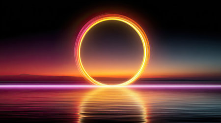 Digital Neon Target Ring - A segmented neon ring resembling a futuristic aiming reticle, pulsing in bright yellow and deep purpleの素材