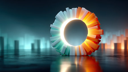 Neon Fractal Ring Animation - A glowing ring with geometric, animated segments expanding and contracting in neon orange and tealの素材