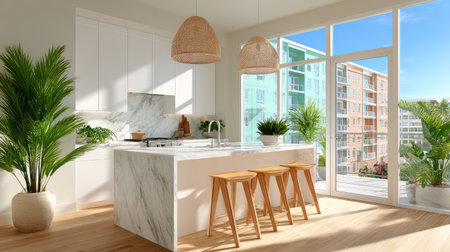 Minimalist White Kitchen with Morning Glow - A sleek kitchen with white cabinetry, marble countertops, and stainless steel appliances. Sunlight reflects off surfaces, creating a luminous effectの素材