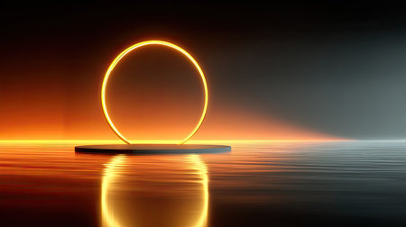 Neon Solar Flare Ring - A segmented neon circle with animated flares radiating outward, glowing in intense orange and neon yellowの素材