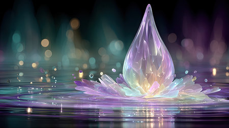 A glowing energy drop infused with fractal patterns hitting a liquid surface, generating infinite recursive ripples and geometric light reflectionsの素材