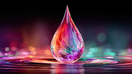 A glowing energy drop infused with fractal patterns hitting a liquid surface, generating infinite recursive ripples and geometric light reflectionsの素材
