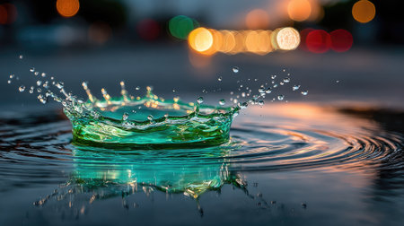 A bioluminescent teal energy drop splashing onto a dark, wet surface, illuminating ripples with an eerie underwater glowの素材