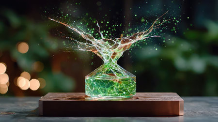 A neon green acid-like energy drop corroding a metallic plate, emitting smoke and glowing cracks with toxic vibrancyの素材