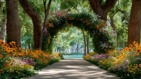 A lush flower-covered archway in a sunlit meadow, bursting with wildflowers, dahlias, and sunflowers in warm autumn tonesの素材