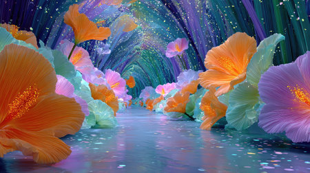 A fantasy-inspired arch with oversized blooms, glittering dew, and enchanted vines in surreal colorsの素材