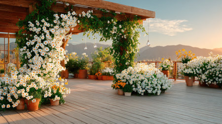 A rustic wooden arch draped in climbing roses, ivy, and daffodils, set against a golden sunsetの素材