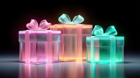Neon-bright gift boxes in electric pink, lime green, and cyan, glowing under UV light for a futuristic lookの素材