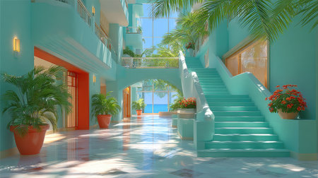 A Miami Vice-inspired shopping gallery with seafoam-green floating escalators, art deco railings, and palm-frond shadowsの素材
