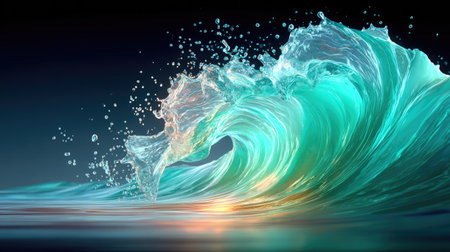 Abstract glass wave frozen at the moment of breaking into multiple liquid strands, with hyper-realistic material renderingの素材