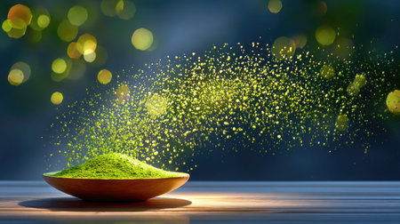 A matcha powder explosion frozen in time, with fine green particles suspended in air against a dark backgroundの素材