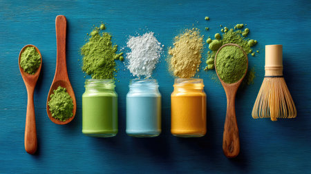 Aerial view of a matcha station with various tools: bamboo whisk, scoop, sieve, and multiple shades of green tea powders in small containersの素材