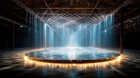 A circular platform made of interlocking metal plates, illuminated by a spotlight that highlights its intricate geometric constructionの素材