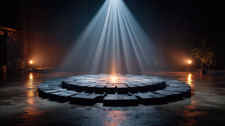 A circular platform made of interlocking metal plates, illuminated by a spotlight that highlights its intricate geometric constructionの素材