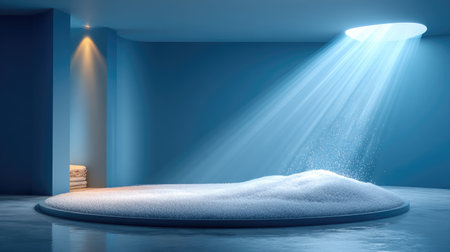 A circular platform covered in fresh snow under a single cold blue spotlight, with falling snowflakes glittering in the light beamの素材