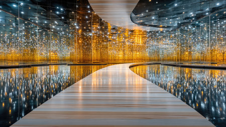 A circular mirror platform reflecting a single spotlight in infinite recursion, creating an endless tunnel of light illusionの素材