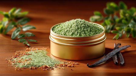 A rustic composition of matcha powder in an antique brass tin beside dried tea leaves and a cracked-open vanilla bean on a wooden tableの素材