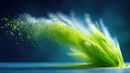 A matcha powder explosion frozen in time, with fine green particles suspended in air against a dark backgroundの素材