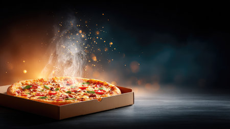 A pizza delivery box opened to reveal a steaming pie, with slices partially removed and cheese stretching between themの素材