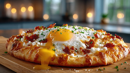 A breakfast pizza with runny egg yolks, crispy bacon, and melted cheese on a golden brown crust, garnished with chivesの素材