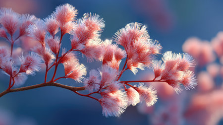 Close-up of pink cloud wisps like spun sugar, backlit by the rising sun, glowing edges and delicate details.の素材