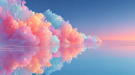 Dreamlike pink candy clouds drifting over a calm lake at dawn, reflections creating a surreal double sky, soft watercolor-like textures.の素材