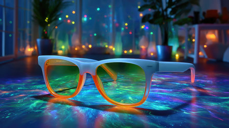 Glow-in-the-dark sunglasses in a dark room with UV light, neon accents popping, futuristic rave aesthetic.の素材