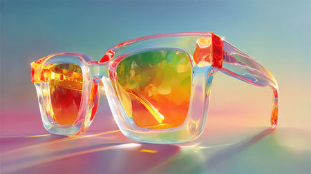 Futuristic mirrored sunglasses floating against a gradient pastel background, sci-fi elegance, sharp reflections.の素材