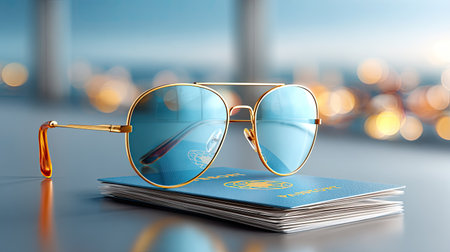 Foldable sunglasses placed on a passport and travel tickets, wanderlust theme, soft bokeh background.の素材