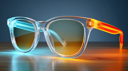 Glow-in-the-dark sunglasses in a dark room with UV light, neon accents popping, futuristic rave aesthetic.の素材