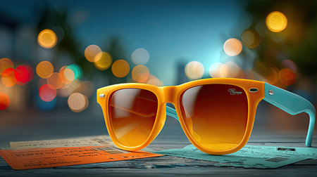 Foldable sunglasses placed on a passport and travel tickets, wanderlust theme, soft bokeh background.の素材