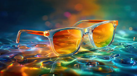 Rainbow-tinted sunglasses on a prismatic glass table, light refraction creating rainbow flares, dreamy effect.の素材
