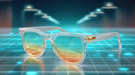Digital sunglasses mockup floating in a cyberspace grid, holographic blue light, techwear theme.の素材