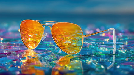 Sunglasses with shattered lens effect on a cracked mirror surface, edgy and artistic destruction theme.の素材