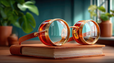 Steampunk goggles with brass details on an old leather book, antique workshop vibe, warm lighting.の素材