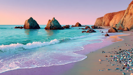 A soft pastel sunset behind towering misty cliffs, dreamy hues of lavender and peach blending seamlessly, a tranquil and majestic sceneの素材