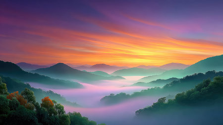 Dramatic misty mountains under a pastel sunset, layers of fog rolling between jagged peaks, warm oranges melting into cool lavenders, tranquil and majesticの素材