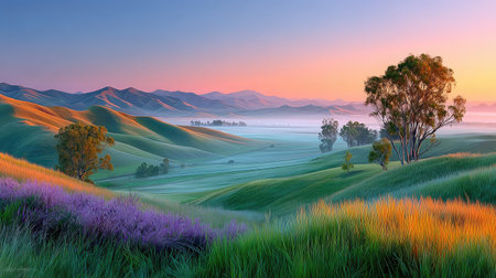A tranquil pastel sunset casting soft light over rolling misty hills, gentle gradients of peach and lavender, peaceful and meditative sceneryの素材
