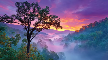 Misty mountain silhouettes against a pastel sunset sky, dreamy pinks and purples fading into twilight, a tranquil and magical landscapeの素材