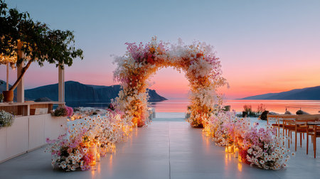 A celestial-inspired arch with white cosmos and silver foliage, soft sunset blending into twilight, magical and otherworldly wedding aestheticの素材