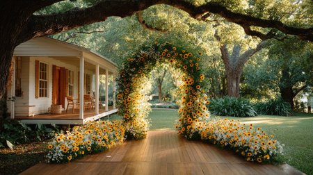 A countryside wedding arch wrapped in sunflowers and daisies, golden hour backlighting for a rustic yet radiant ceremony settingの素材