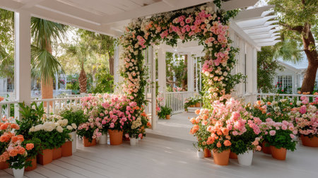 A fairytale garden arbor covered in pastel roses and ranunculus, golden sunset light diffusing through petals, dreamy and enchanting wedding sceneの素材