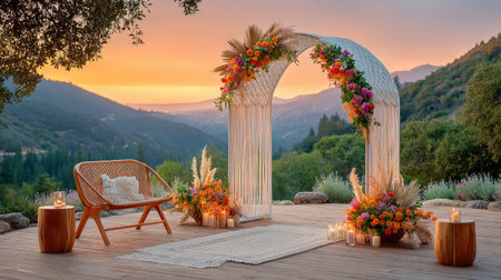 A boho-chic macrame arch intertwined with proteas and dried palms, warm sunset glow creating textured shadows, free-spirited and stylishの素材