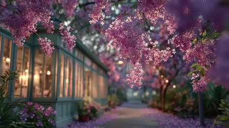 A vintage-inspired wrought-iron arbor covered in cascading wisteria and baby breath, glowing sunset creating a soft, painterly backdrop, timeless eleganceの素材