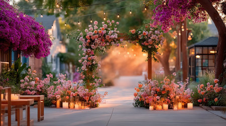An elegant floral wedding arch covered in lush pink and ivory blooms, warm sunset light streaming through, creating a magical and ethereal atmosphereの素材