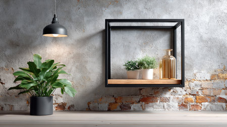 Industrial Metal Frame on Concrete Wall - A black iron picture frame mounted on a rough concrete wall, embodying an urban, loft-style aesthetic.の素材