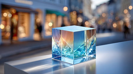 Geometric Hexagonal Frame on Glass Table - A modern hexagonal picture frame placed on a transparent glass table, reflecting light for a futuristic and artistic effect.の素材